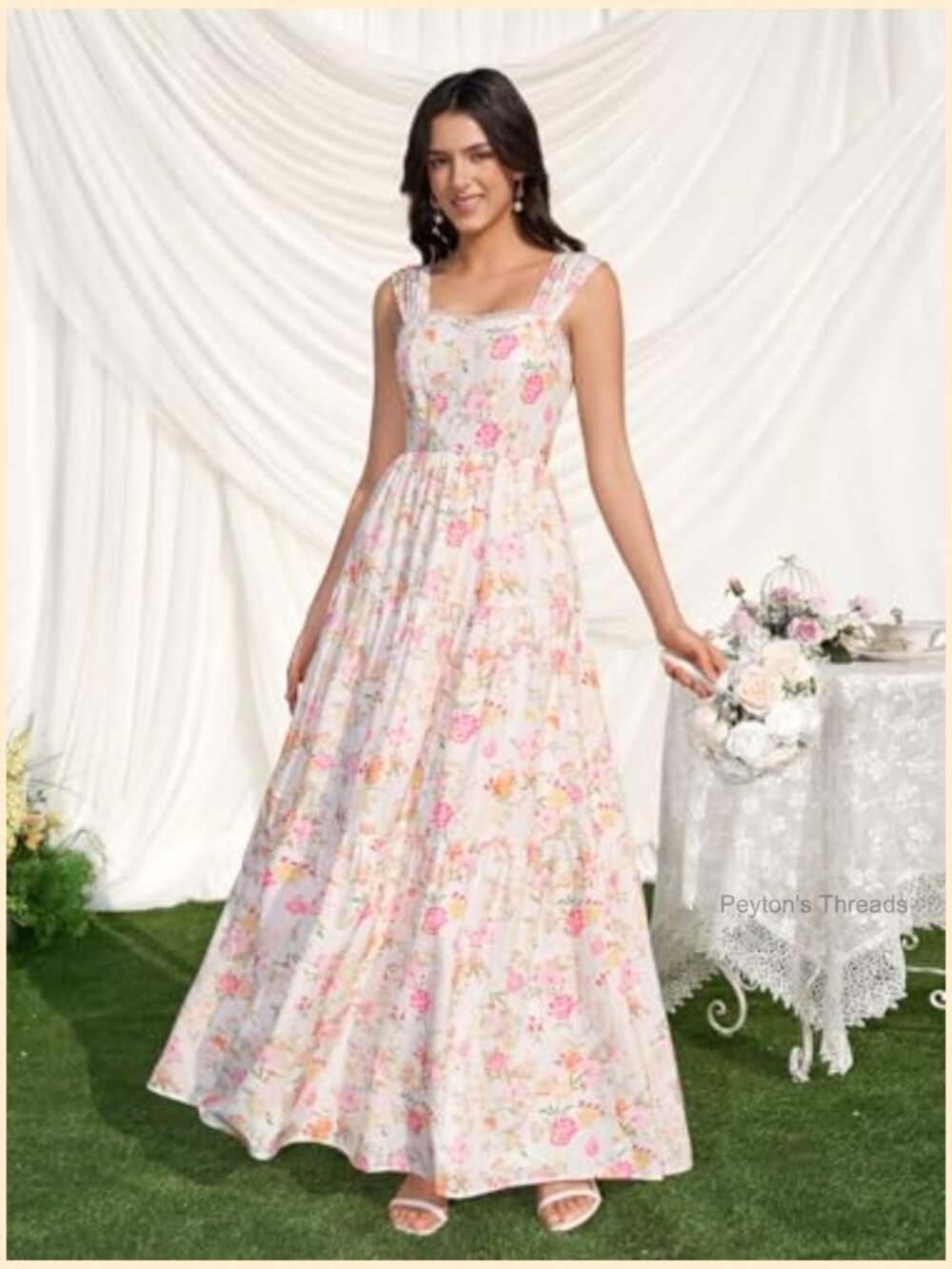 Floral Maxi Dress Lace Up Square Neck Flowy A-Line Wedding Guest Dress - Picture 2 of 7